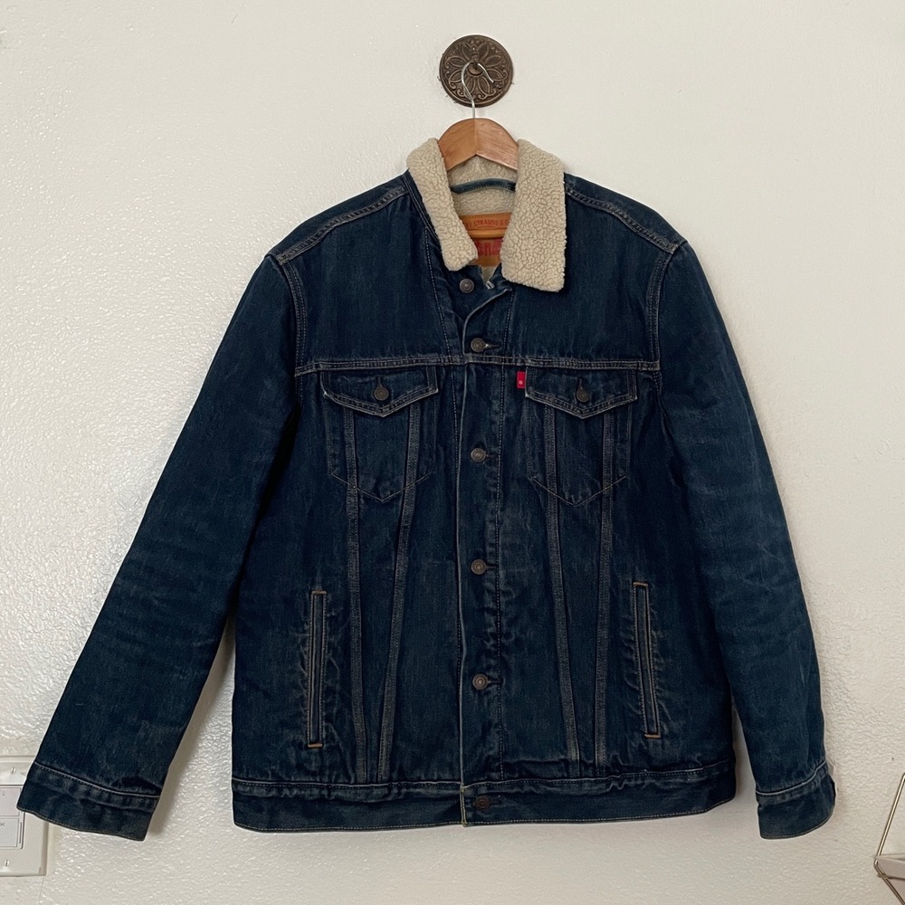 Levis Mens XL Sherpa Lined Denim Trucker Jacket Dark Wash Indigo Type III